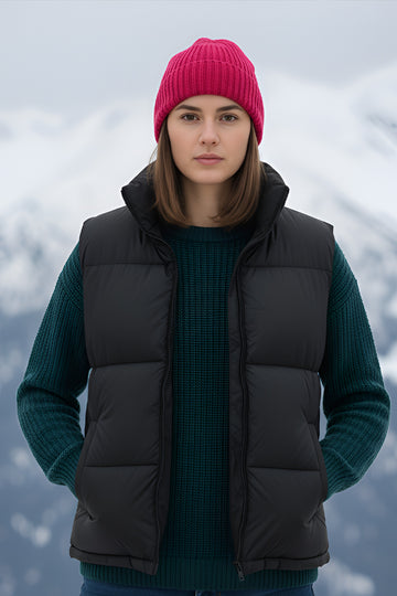 Women's - Puffer Jacket (Half Sleeves) - Black