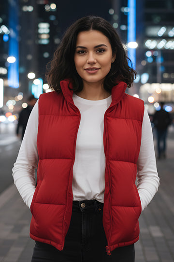 Women's - Puffer Jacket (Half Sleeves) - Red