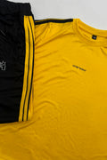 Yellow athletic shirt with 'onewear' logo and black shorts with stripes on a light gray background