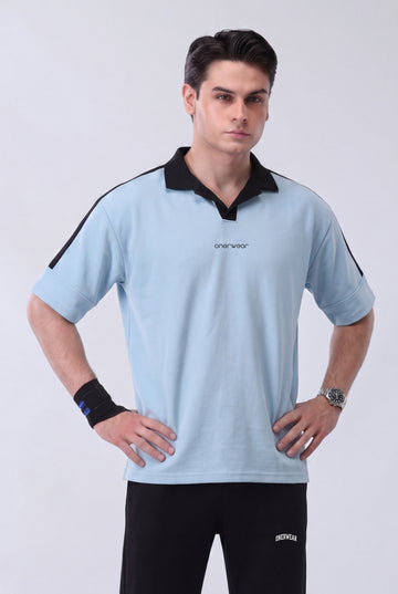 Mens - Cotton Polo - Twin Stripe Drop Shoulder - Sky Blue