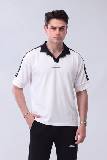 Mens - Cotton Polo - Twin Stripe Drop Shoulder - White
