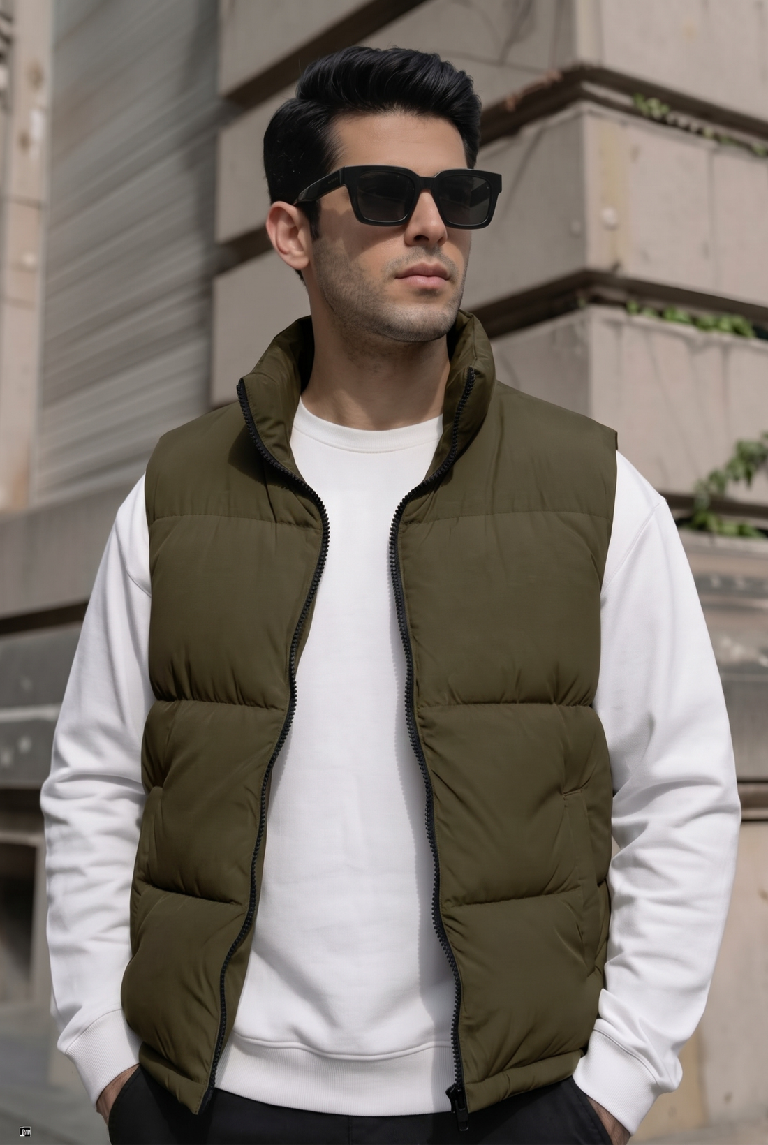 Mens - Sleevless Puffer Jacket Set - Olive Black