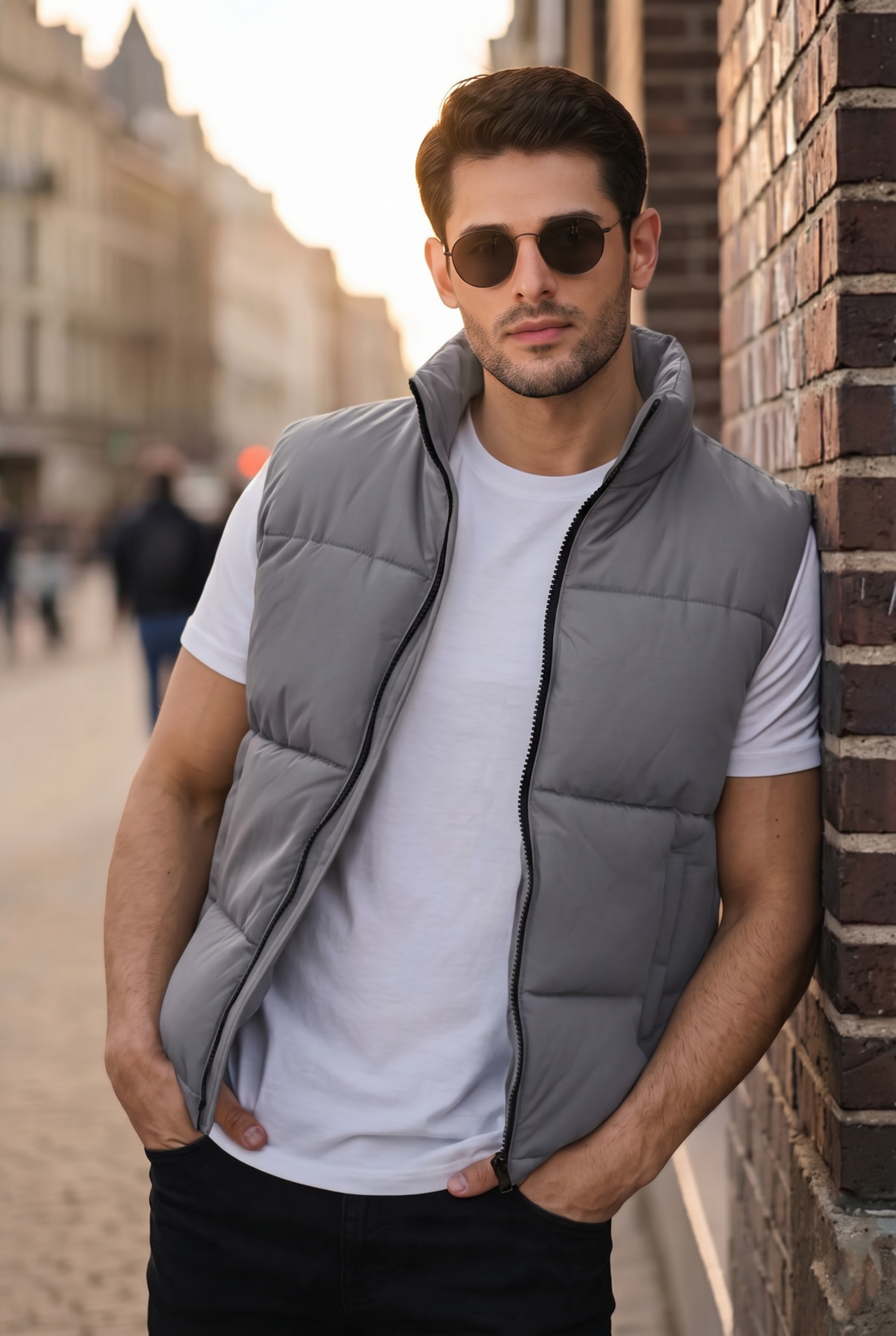 Mens - Sleevless Puffer Jacket Set - Gray Black