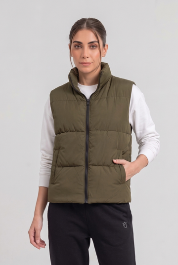 Women's - Puffer Jacket (Sleeveless) - Olive Green