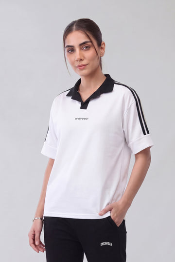 Womens - Cotton Polo - Twin Stripe Drop Shoulder - White