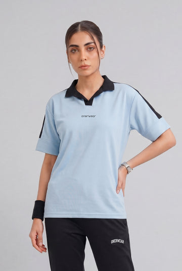 Womens - Cotton Polo - Twin Stripe Drop Shoulder - Sky Blue