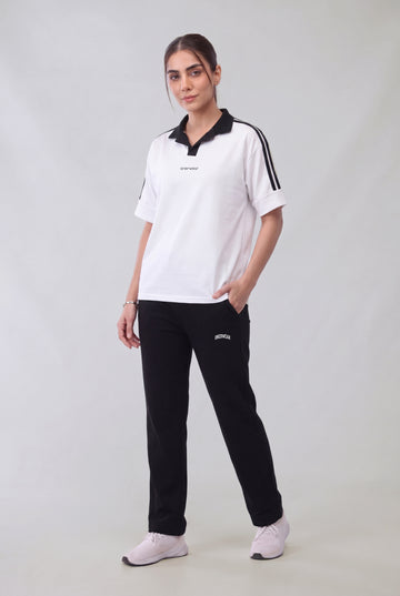 Womens - Cotton Tracksuit - Twin Stripe Drop Shoulder - White