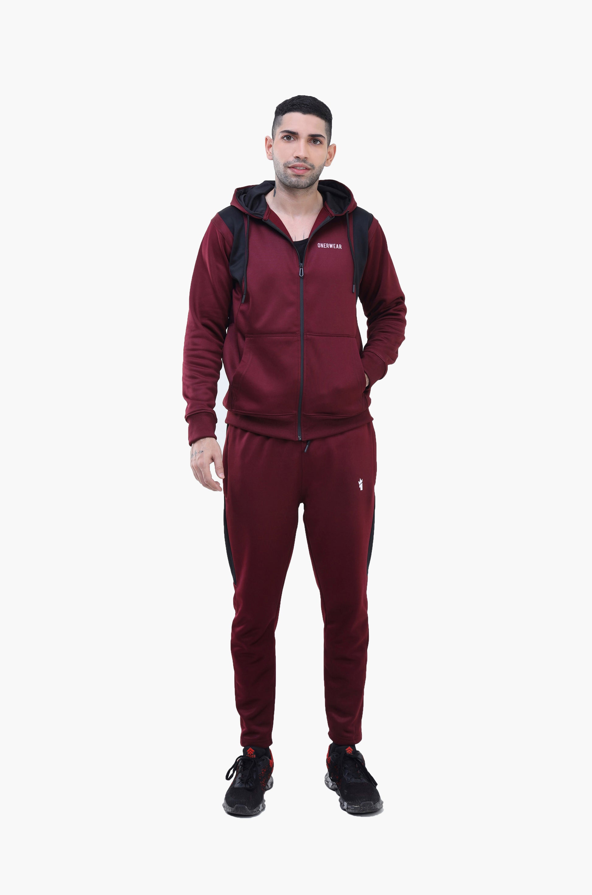 Maroon Poly Fleece Tracksuit With Two White Stripes