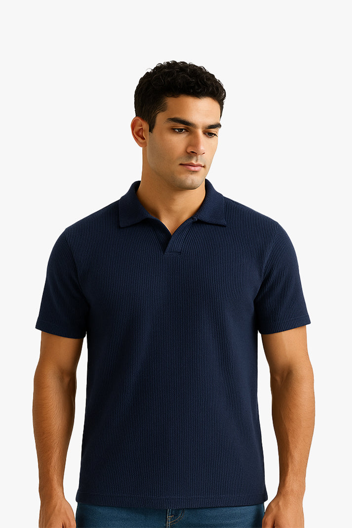 Blue V Neck Knitted Polo