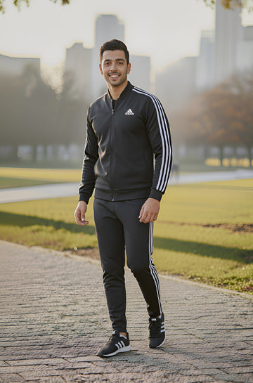 Mens - Winter Tracksuit - Adi Black with White Strips
