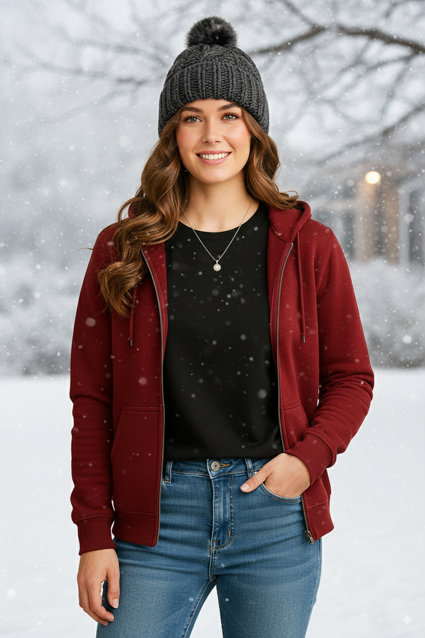 Maroon Zipper Women Hoodie