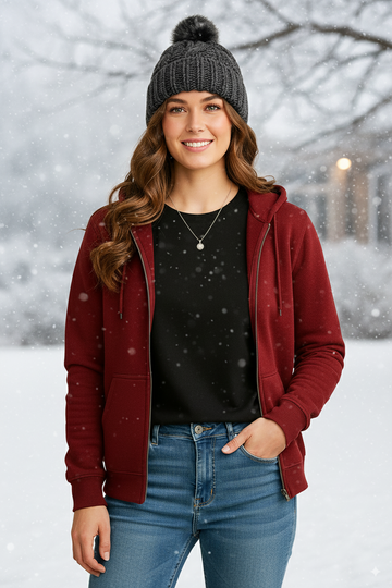 Maroon Zipper Women Hoodie