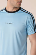Light blue t-shirt with black stripes on sleeves and neckline, featuring 'onerwear' brand logo.