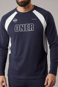 Navy long-sleeve shirt with white accents and 'ONER' branding on a gray background