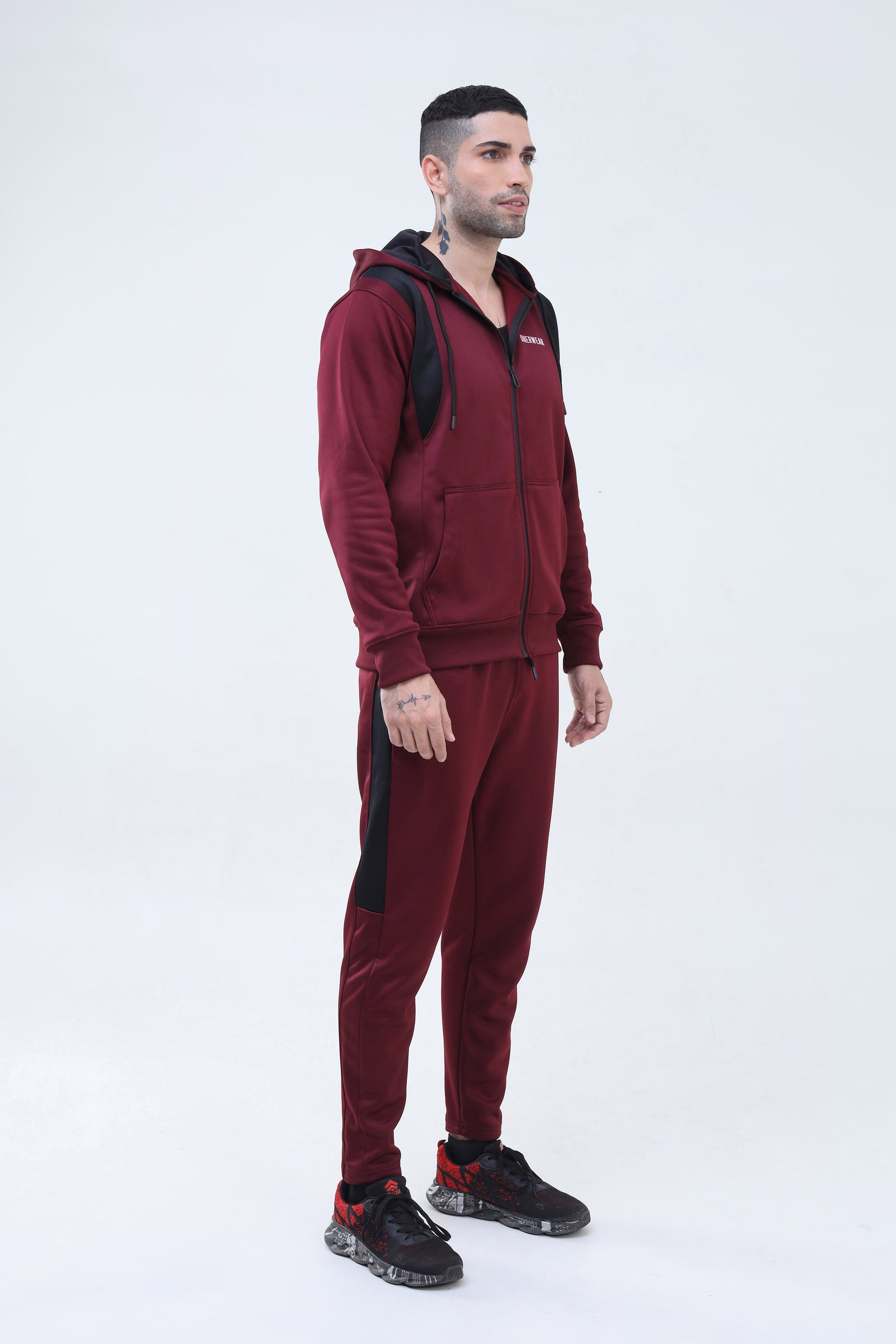 Maroon Poly Fleece Tracksuit With Two White Stripes