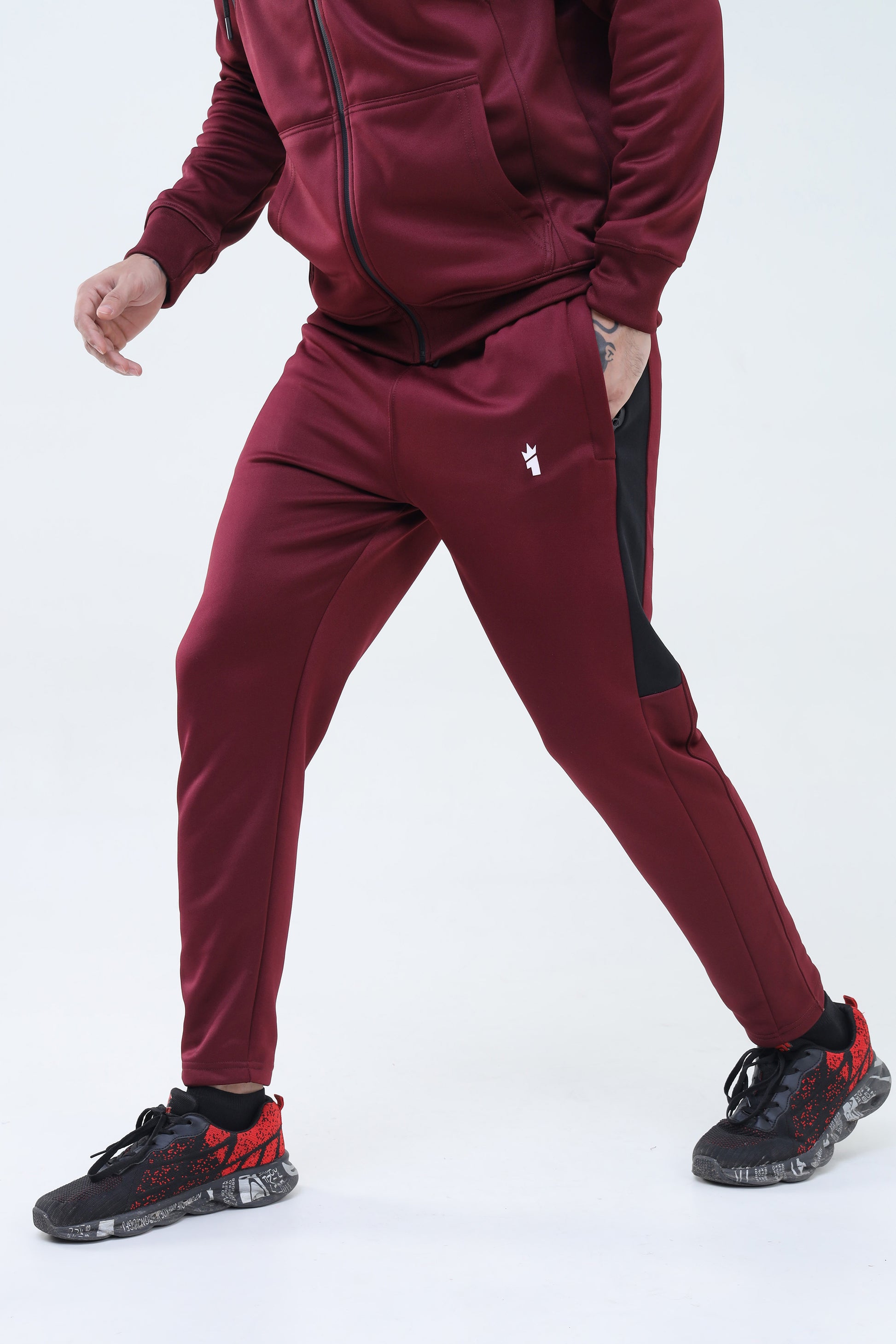 Maroon Poly Fleece Tracksuit With Two White Stripes
