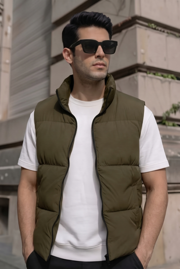 Mens - Puffer Jacket (Sleeveless) - Olive Green